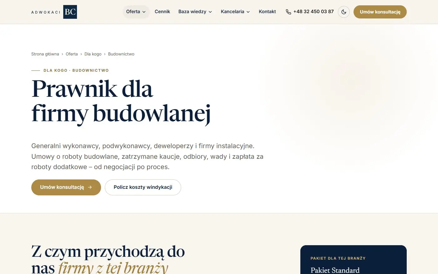 Adwokaci BC: Strony branżowe. Osobne strony dla budownictwa, transportu czy nieruchomości, z problemami typowymi dla branży.