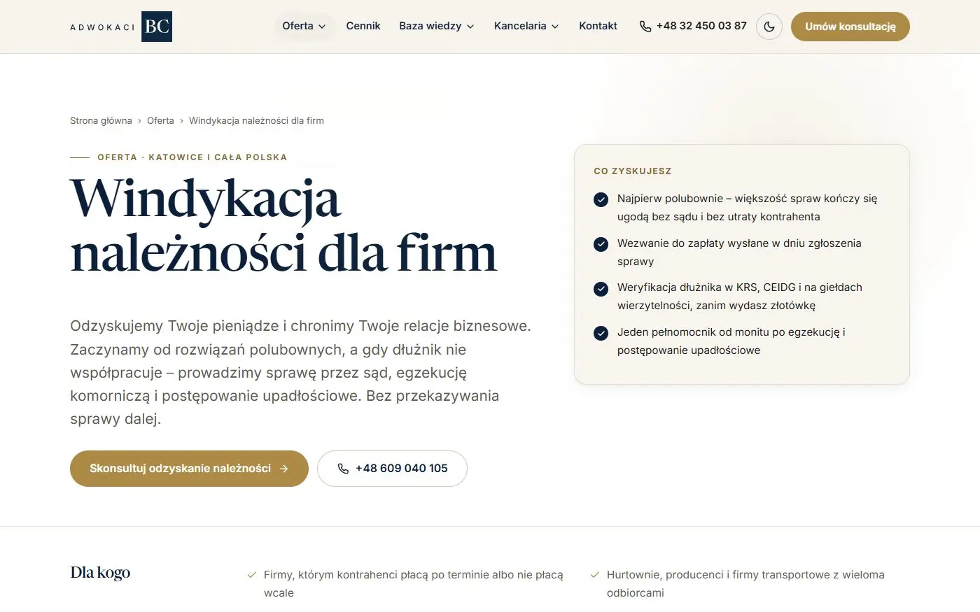 Adwokaci BC: Strona usługi. Windykacja należności z listą korzyści i szybkim kontaktem: jeden adres pod jedną frazę.