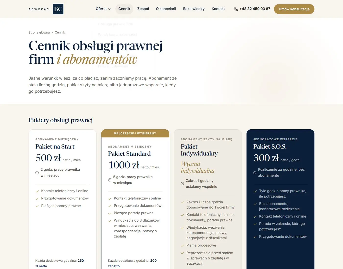 Adwokaci BC: Cennik usług. Pakiety stałej obsługi i stawki za sprawy jednorazowe, opisane bez prawniczego żargonu.