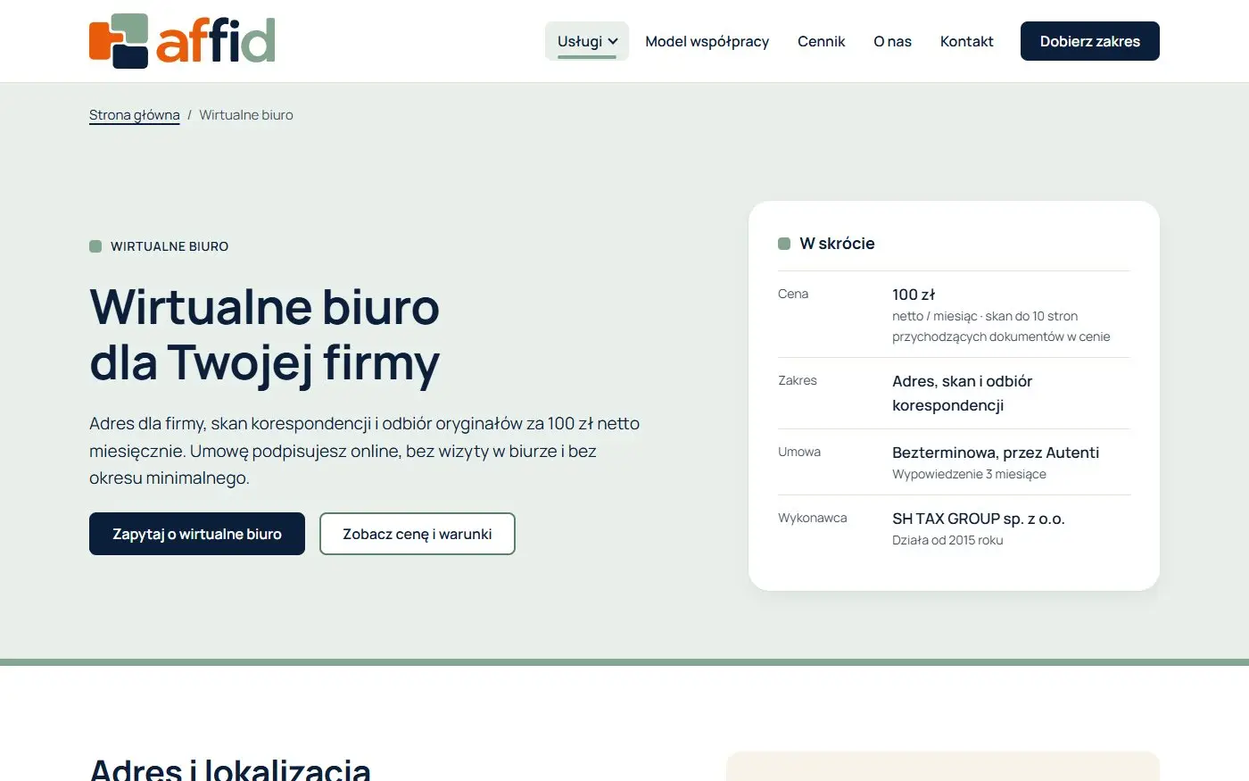 Affid: Wirtualne biuro. Strona usługi z ceną, zakresem i najważniejszymi warunkami w skrócie.