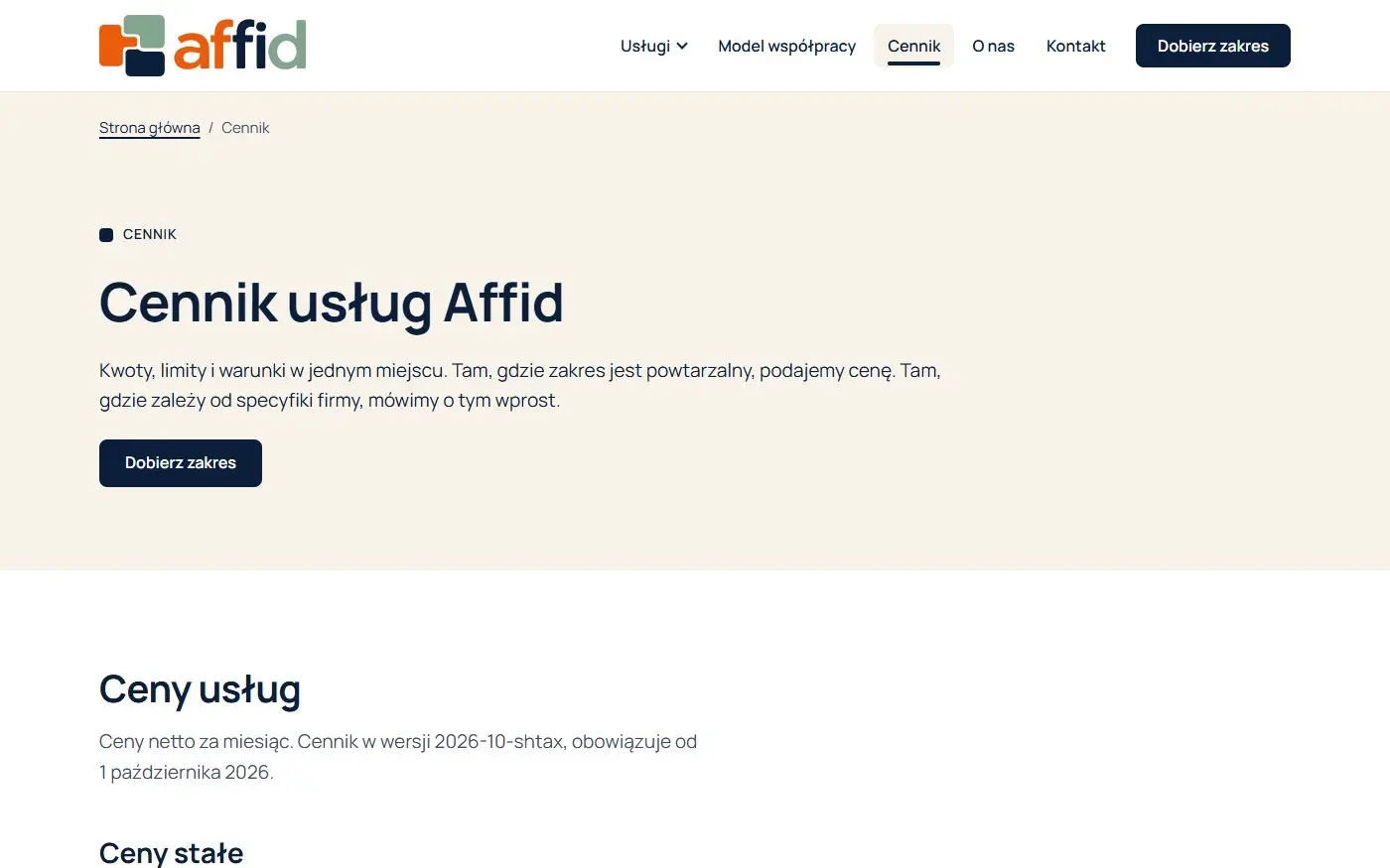 Affid: Cennik. Kwoty, limity i warunki w jednym miejscu, z jasnym zaznaczeniem, co wyceniamy indywidualnie.