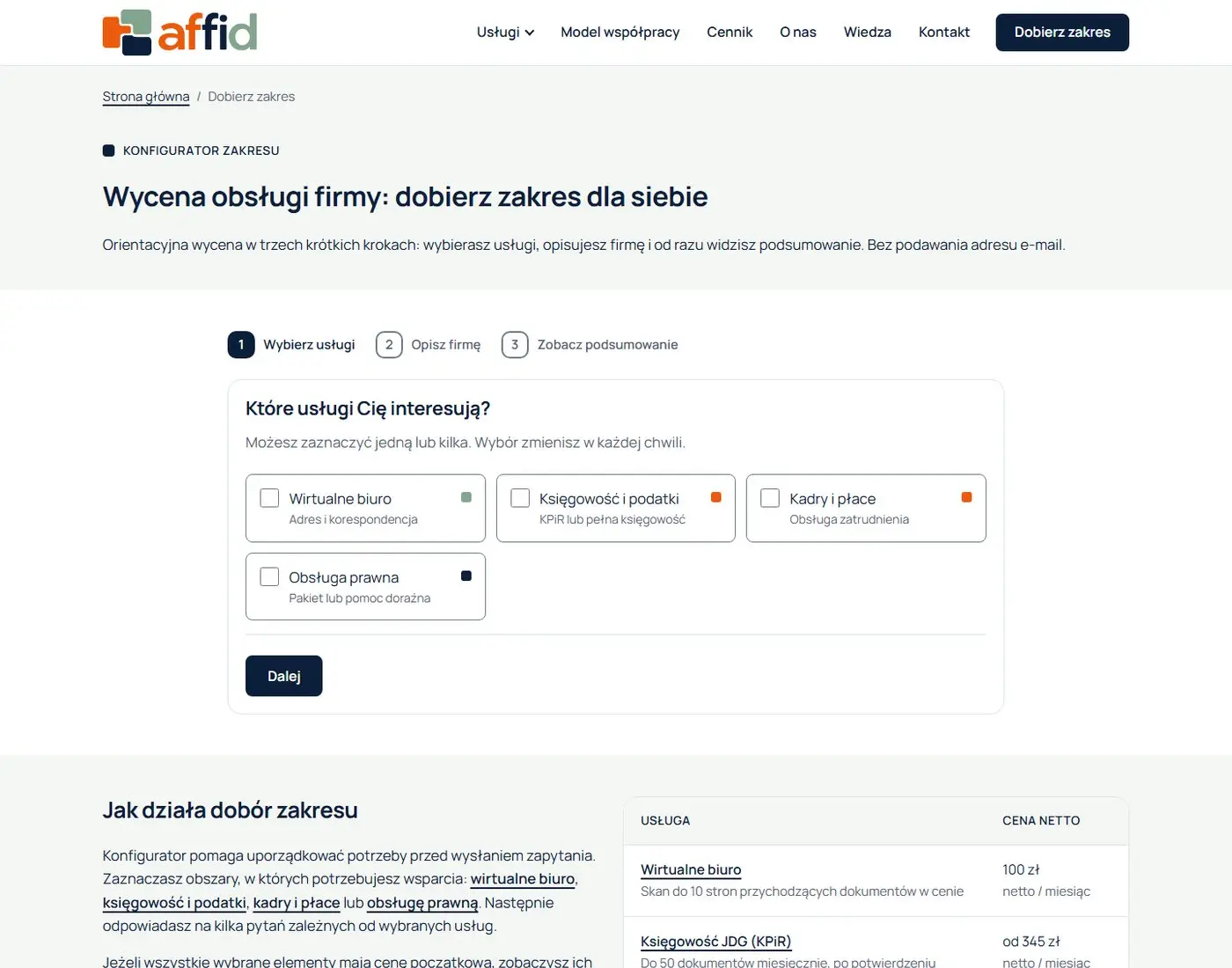 Affid: Konfigurator zakresu. Firma zaznacza potrzebne usługi z grupy i dostaje dopasowaną propozycję.