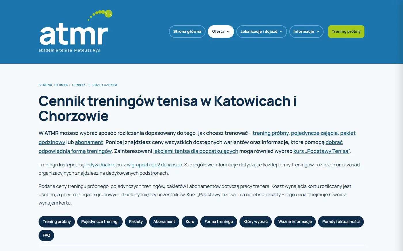 ATMR: Cennik treningów. Trening próbny, pojedyncze zajęcia, pakiety i abonament na jednej stronie, z linkami do szczegółów.