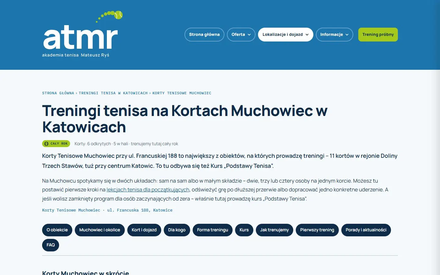 ATMR: Strony lokalizacji. Każdy kort ma własną stronę z dojazdem, godzinami i formami treningu, pod lokalne wyszukiwania.