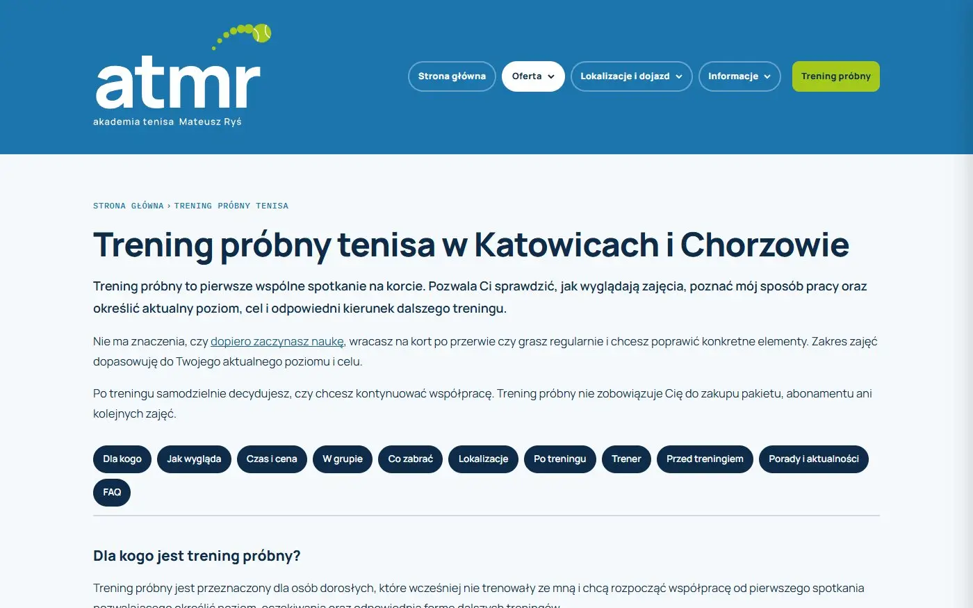 ATMR: Trening próbny. Strona pierwszego kroku dla nowych osób, do której prowadzą reklamy.