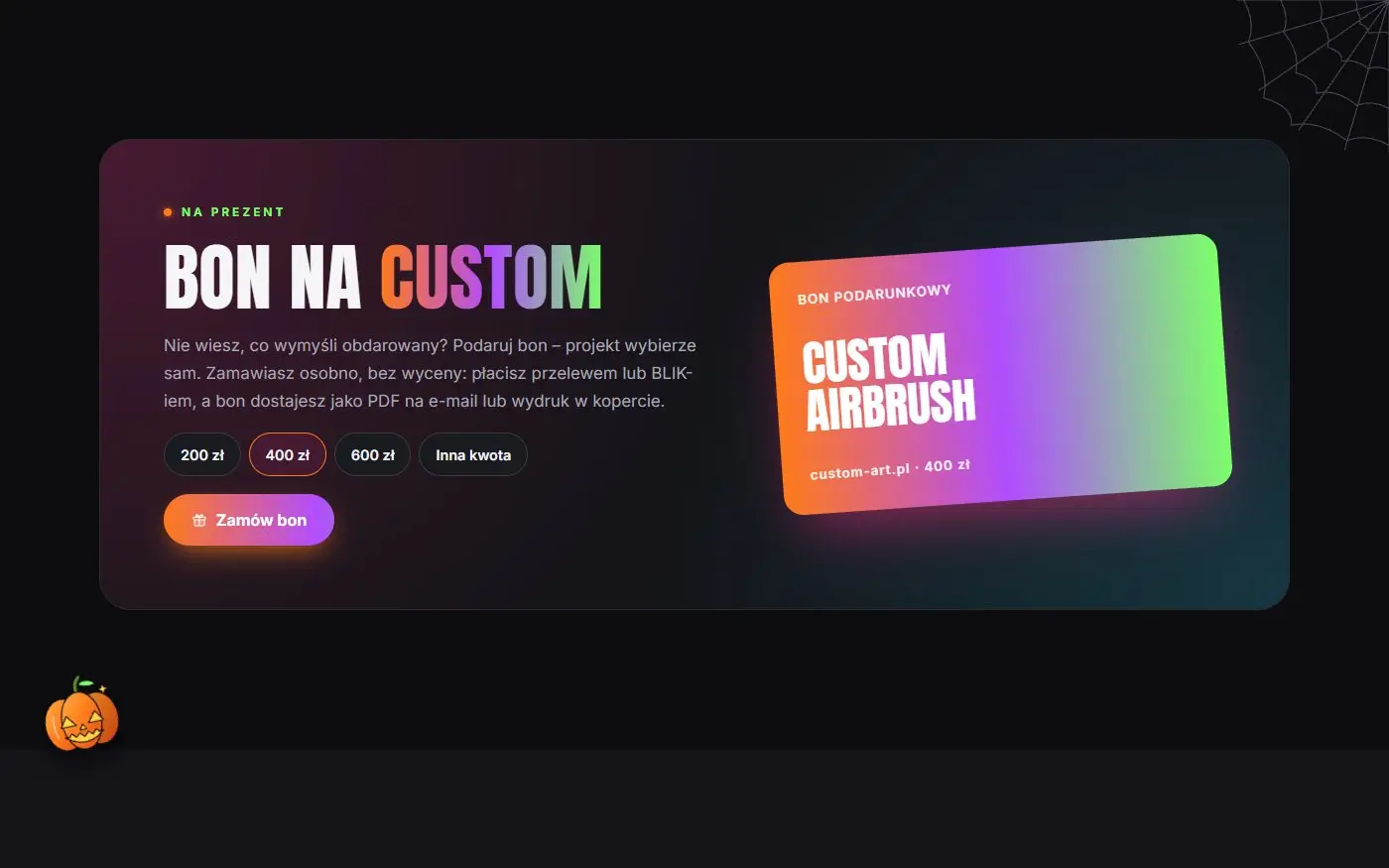 custom-art.pl: Bon podarunkowy. Bon na custom z wyborem kwoty, zamawiany przez stronę.