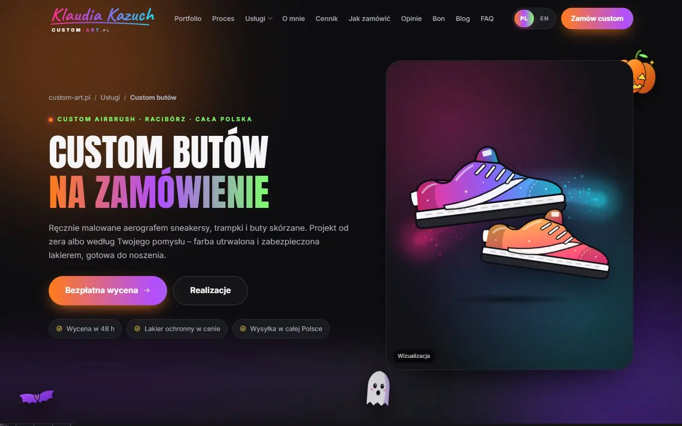 custom-art.pl: Strona usługi. Custom butów na zamówienie: osobna strona pod frazę, z realizacjami i wyceną.