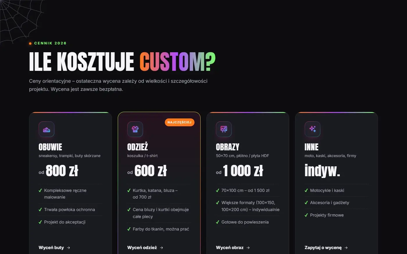 custom-art.pl: Ceny „od”. Orientacyjne ceny butów, odzieży, obrazów i projektów indywidualnych.