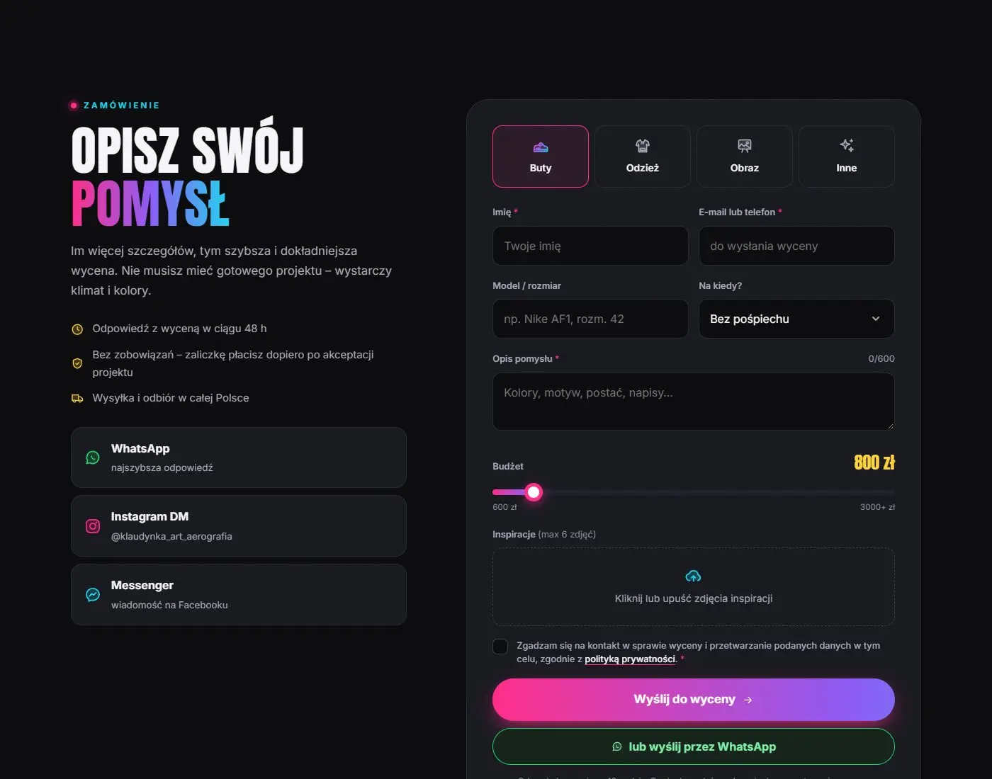 custom-art.pl: Wycena ze zdjęciami. Formularz, w którym klient opisuje pomysł, wybiera przedmiot i dodaje zdjęcia.