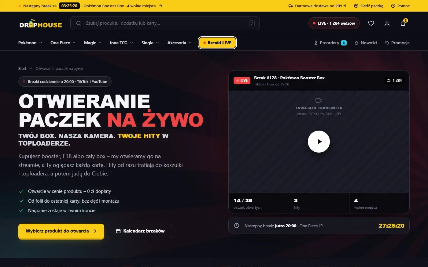 DropHouse: Breaki na żywo. Strona transmisji: kupujesz miejsce, a paczka jest otwierana na żywo przed kamerą.