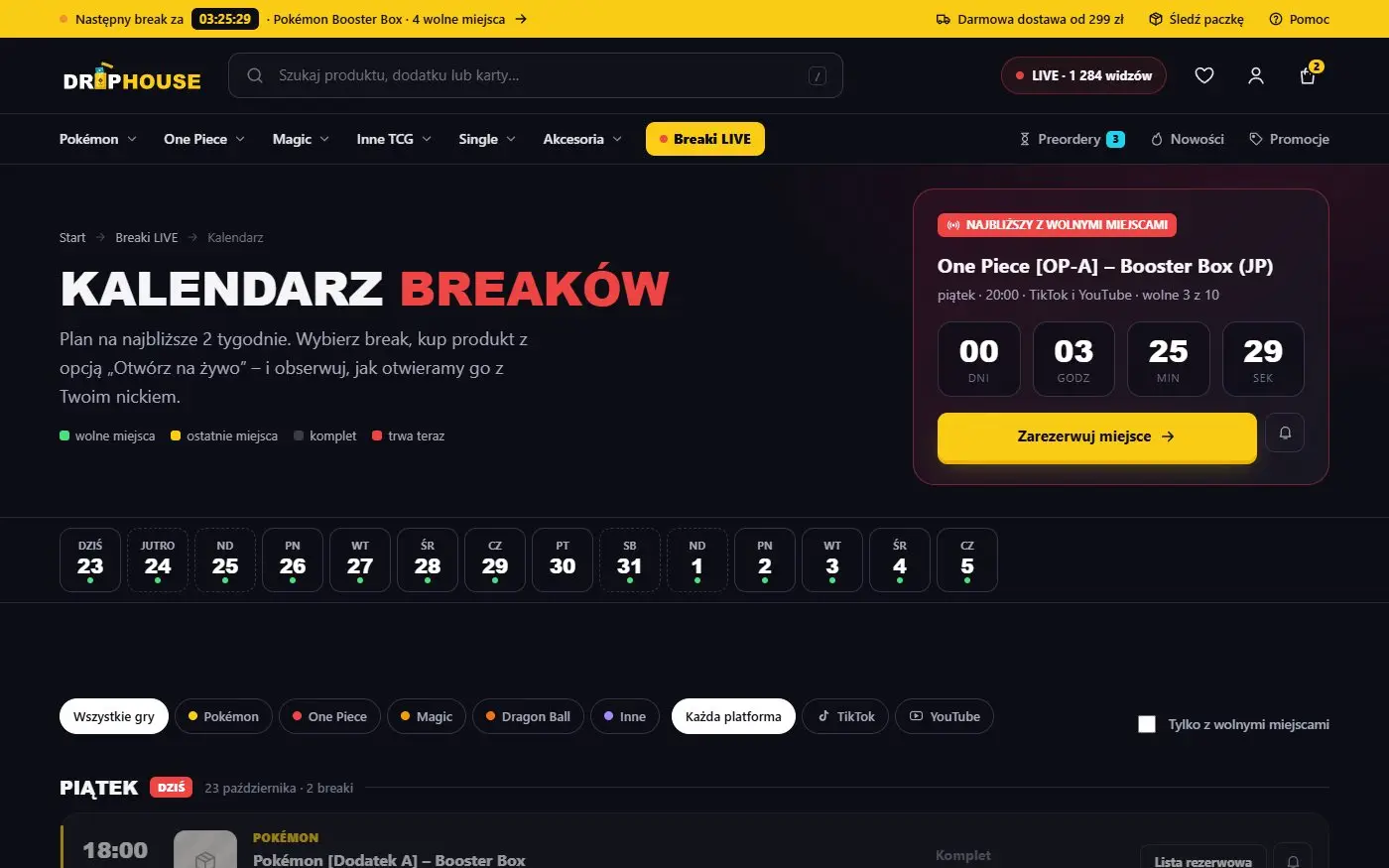 DropHouse: Kalendarz breaków. Plan transmisji na dwa tygodnie, z licznikiem do najbliższego otwarcia i wolnymi miejscami.