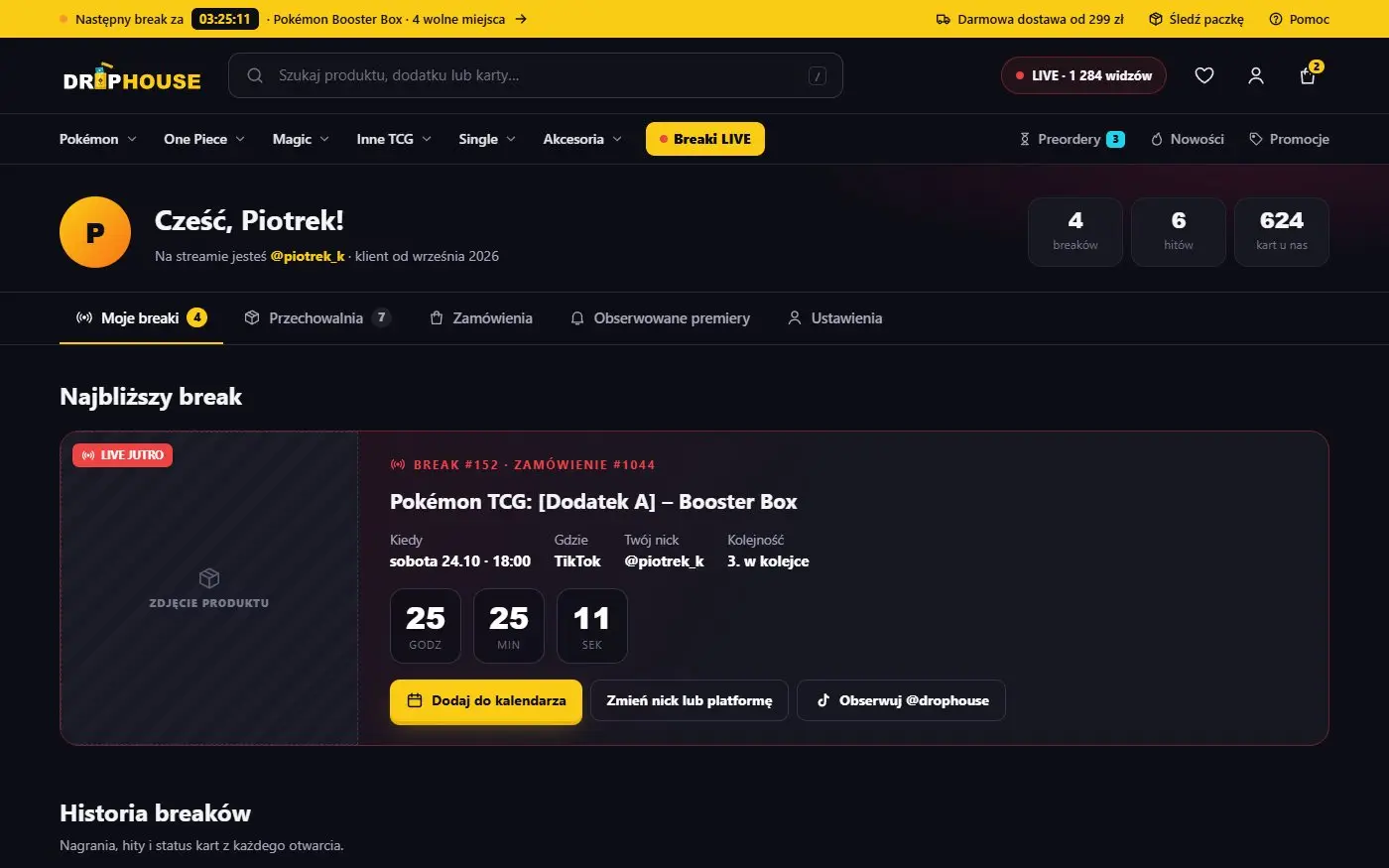 DropHouse: Konto kolekcjonera. Moje breaki, przechowalnia kart, zamówienia i obserwowane premiery.