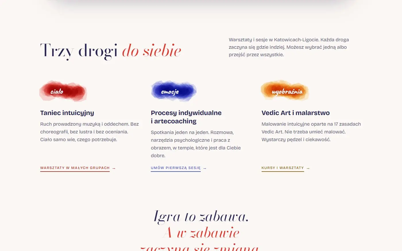 IGRA Pracownia: Trzy drogi. Oferta podzielona na ciało, emocje i wyobraźnię, z osobnym wejściem do każdej formy zajęć.