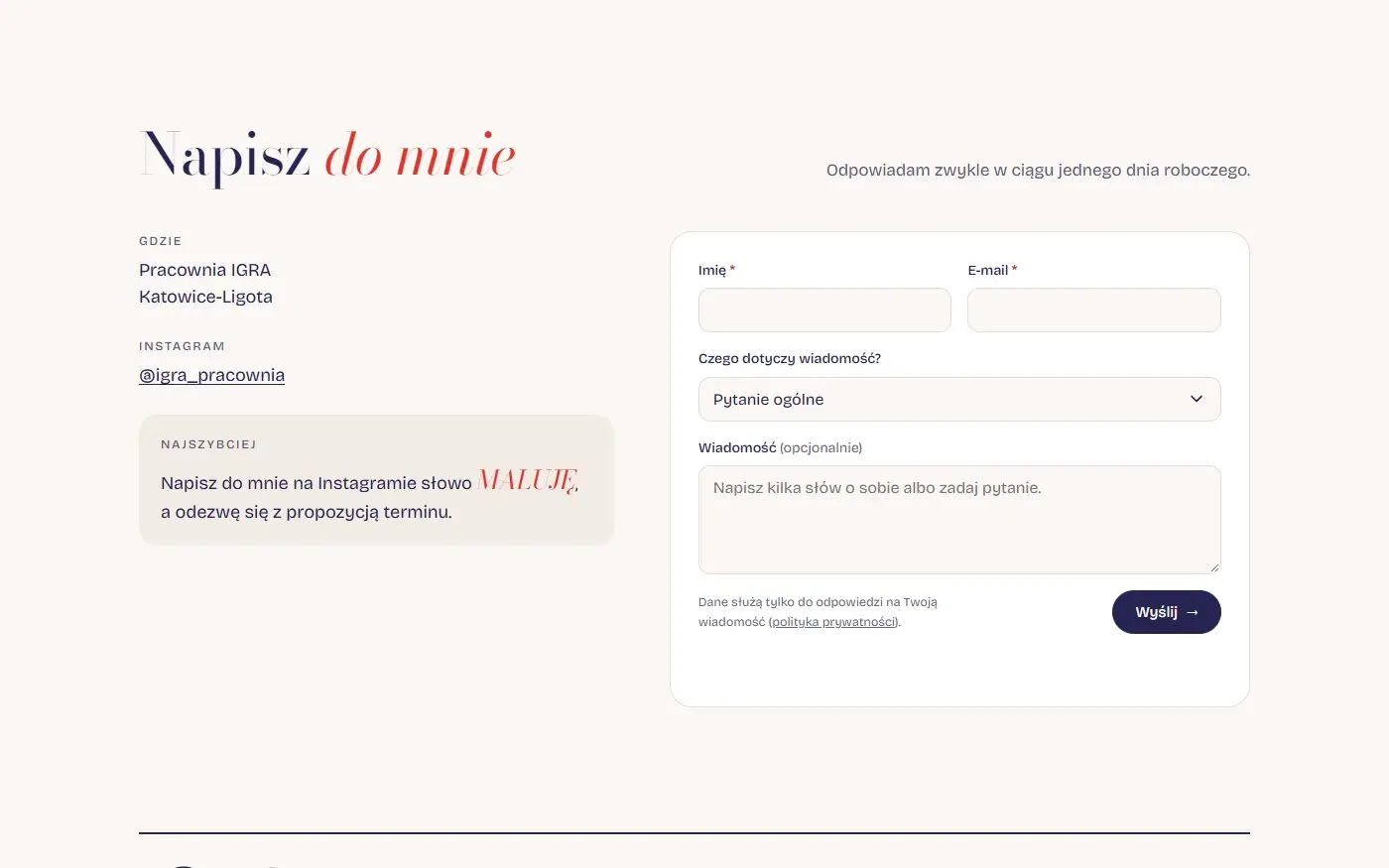 IGRA Pracownia: Formularz kontaktu. Krótki formularz z wyborem tematu i alternatywą przez Instagram.