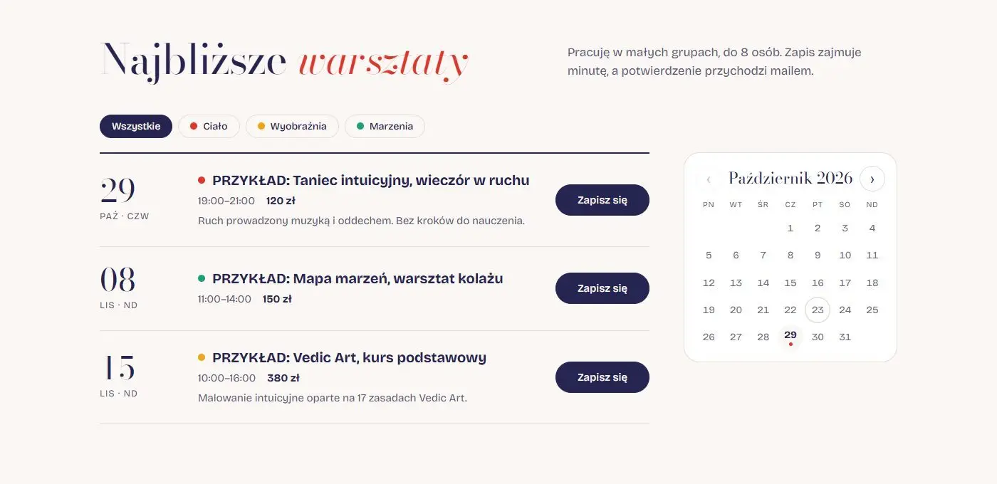 IGRA Pracownia: Kalendarz i zapisy. Najbliższe warsztaty z wolnymi miejscami: termin wybiera się w kalendarzu albo na liście.