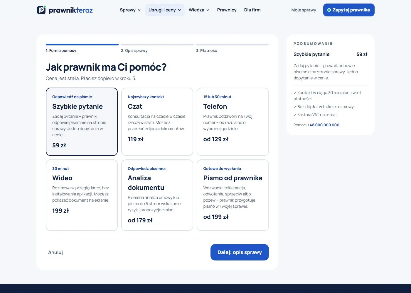 Prawnik Teraz: Zamówienie porady. Klient wybiera formę pomocy: pytanie na piśmie, czat, telefon albo wideo, i od razu widzi cenę.