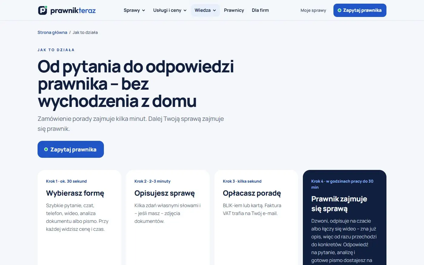 Prawnik Teraz: Jak to działa. Cztery kroki od pytania do odpowiedzi prawnika, z czasem każdego etapu.