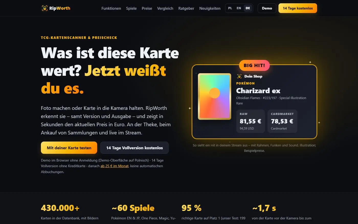 RipWorth: Wersja niemiecka. Strona w trzech językach (PL, EN, DE), z cenami w euro dla klientów z Niemiec.
