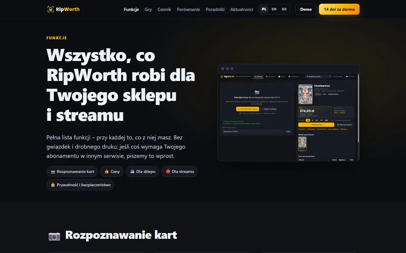 RipWorth: Funkcje. Strona funkcji: rozpoznawanie, ceny, narzędzia dla sklepu i dla streamu, opisane bez drobnego druku.