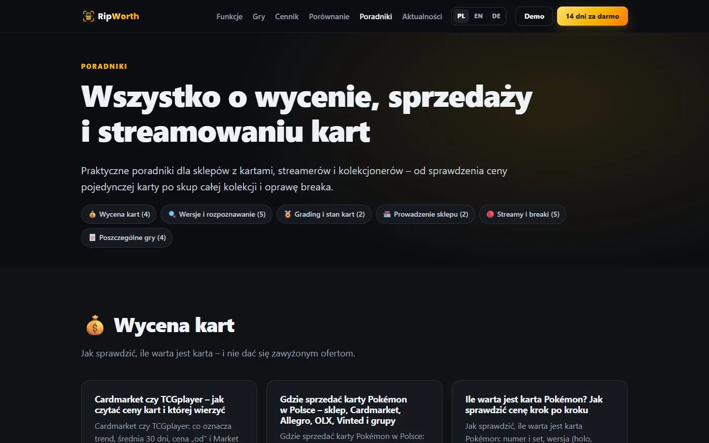 RipWorth: Poradniki. Baza poradników o wycenie, sprzedaży i streamowaniu kart, pod wyszukiwania w Google.