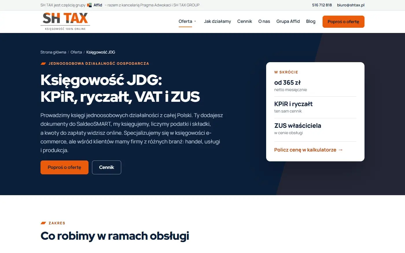 SH TAX: Strona usługi. Księgowość JDG z ceną „od”, zakresem i przejściem do kalkulatora.