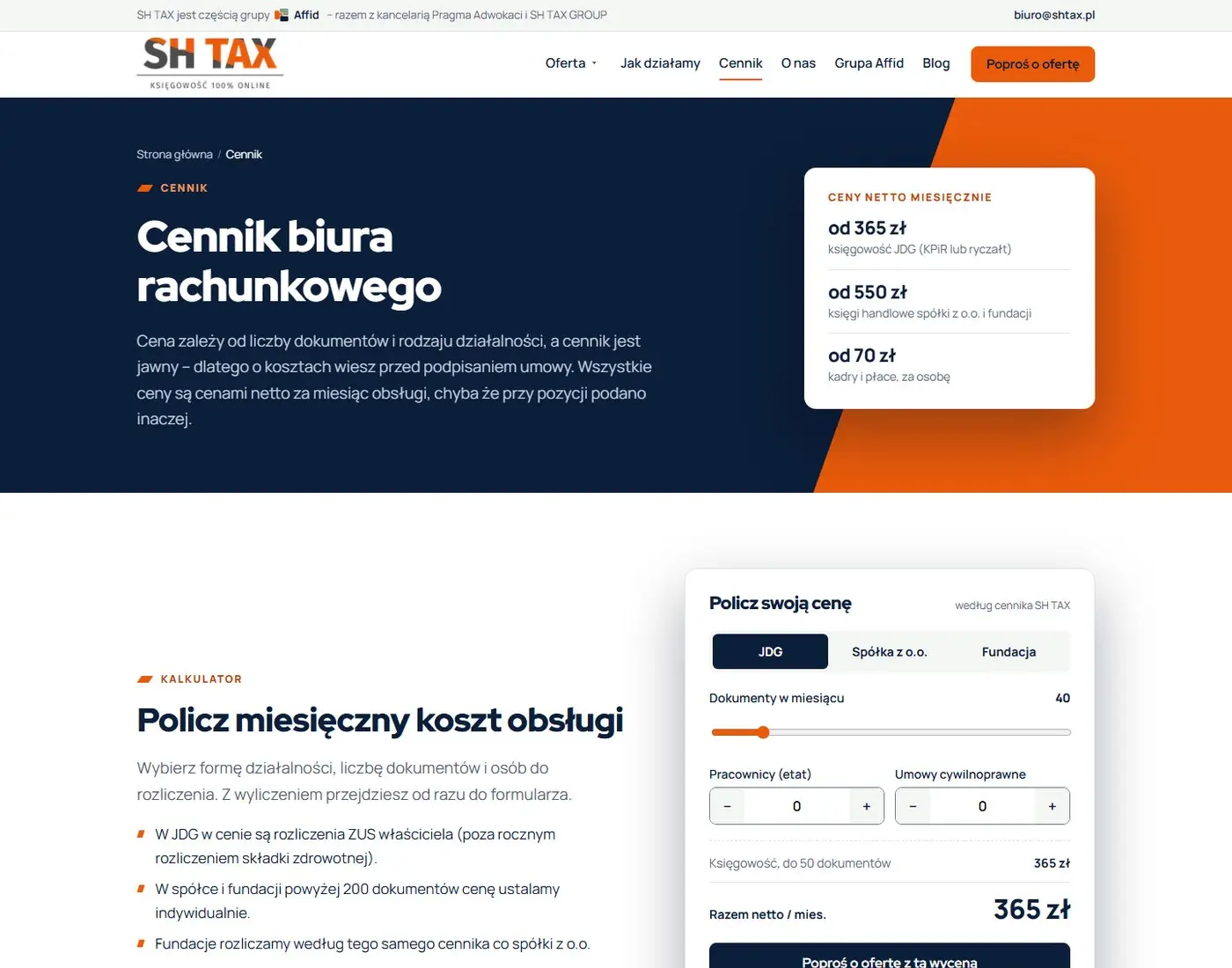 SH TAX: Cennik z kalkulatorem. Przedsiębiorca wybiera formę działalności i liczbę dokumentów, a cena przelicza się na bieżąco.