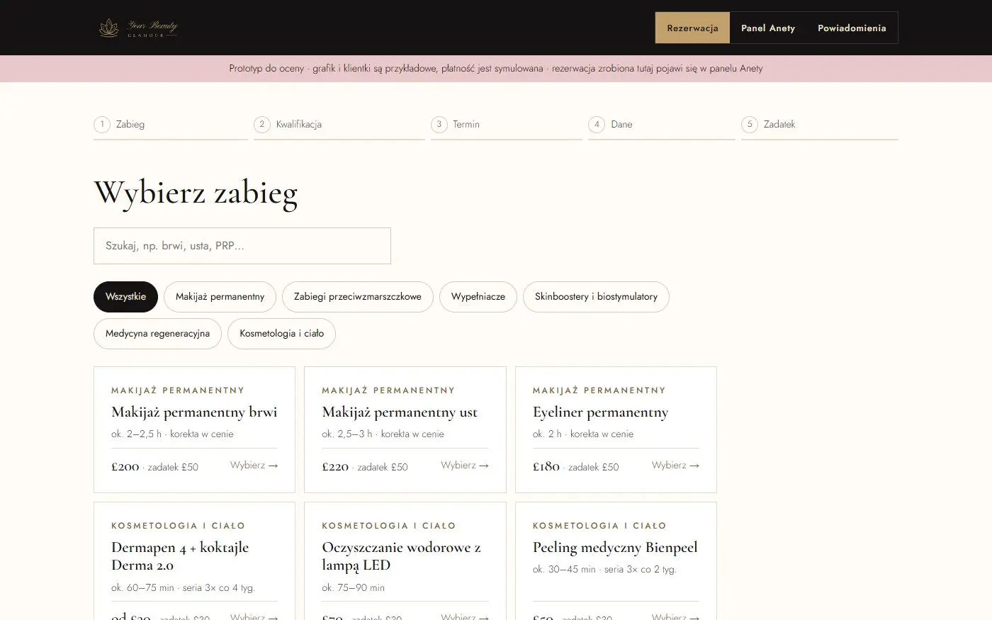Your Beauty Glamour: Prototyp rezerwacji. Wybór zabiegu, terminu i zadatku w pięciu krokach, z panelem dla Anety.