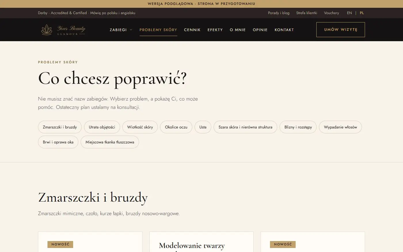 Your Beauty Glamour: Problemy skóry. Klientka zaczyna od tego, co chce poprawić, a strona podsuwa pasujące zabiegi.