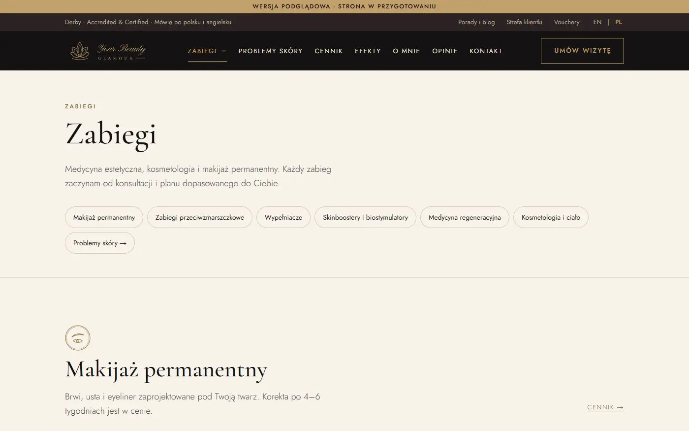 Your Beauty Glamour: Zabiegi. Wszystkie zabiegi w grupach, od makijażu permanentnego po medycynę regeneracyjną.